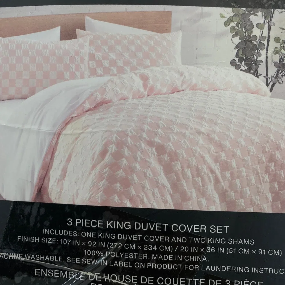 DKNY Duvet Cover Set King Pink White Checkered Puckered Texture Pastel Girly